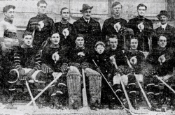 several men dressed in hockey uniforms in several rows