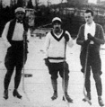 A picture of three individuals from the first ice hockey game played in December 1924. John Dunlop was in the center.