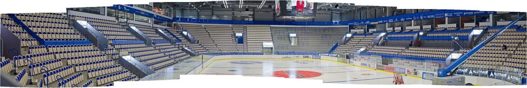 Panorama of Vida Arena's ice hockey rink from the restaurant.