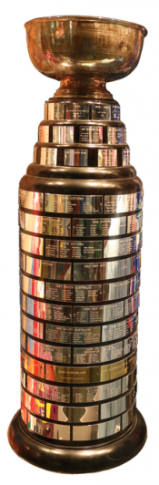 The Goodall Cup, with original cup on top, in the Hockey Hall of Fame 2014